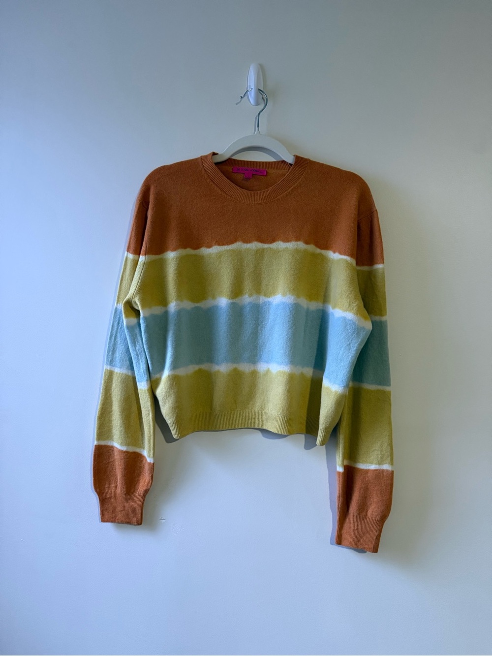 The Elder Statesman Striped Crewneck Sweater in Rust, Yellow & Light Blue